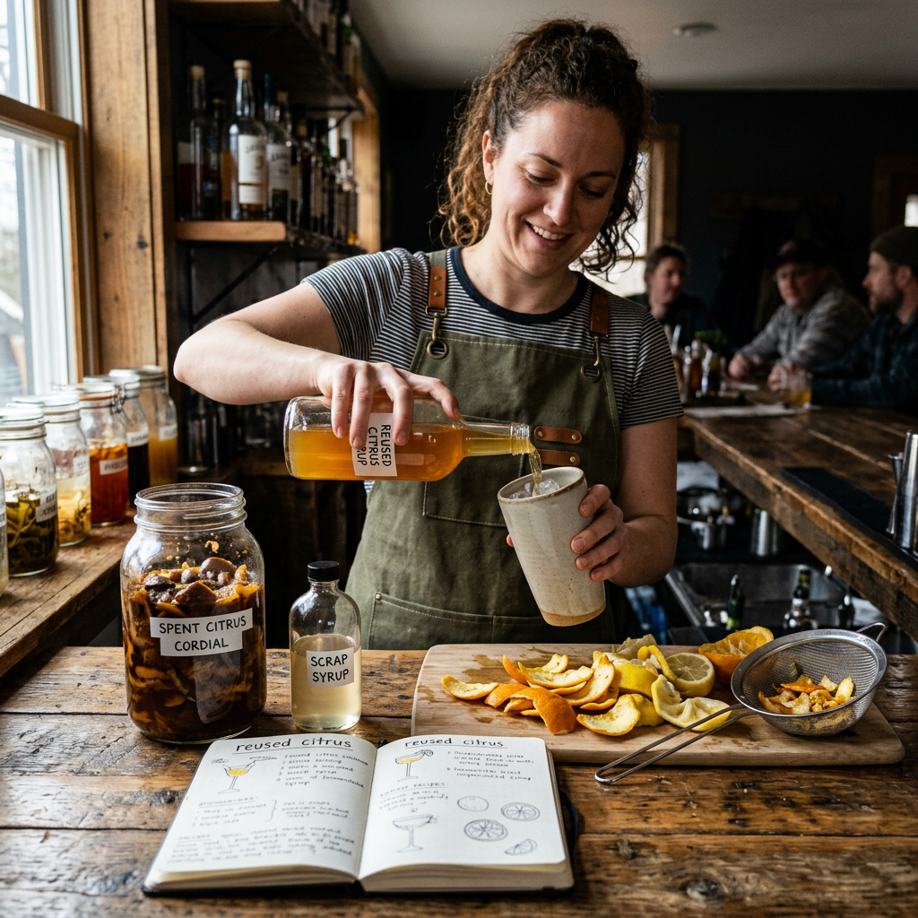 Bartender pouring reused citrus syrup into a glass with ice beside jars labeled spent citrus cordial and scrap syrup