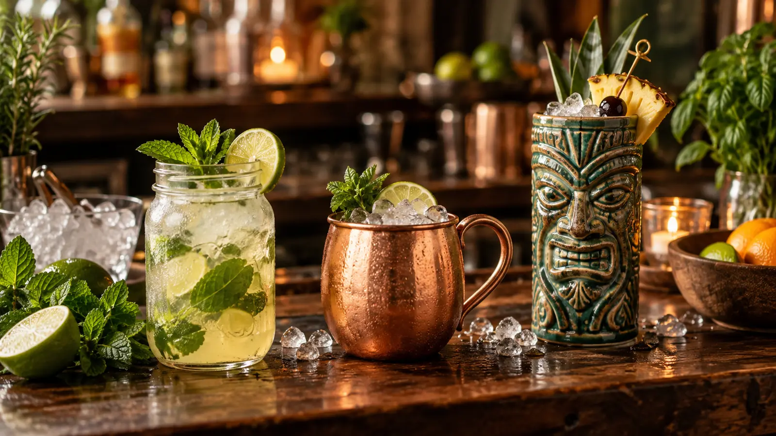 Cocktail serviti in barattolo di vetro, tazza di rame e tiki mug