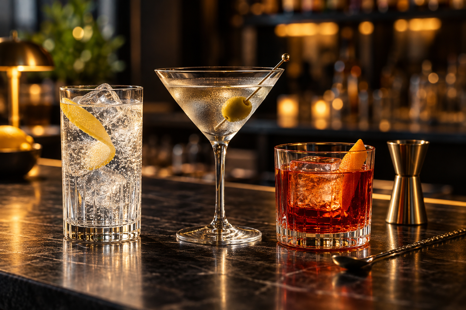 Gin Tonic, Martini e Negroni su un banco bar