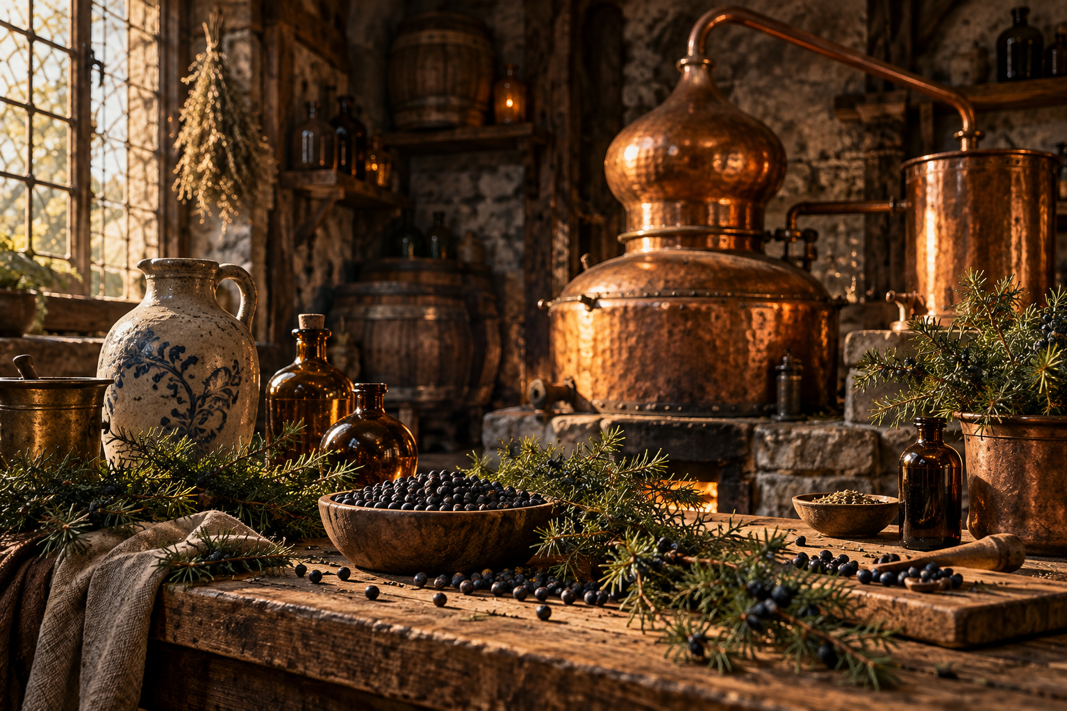 Alambicco in rame e ginepro in una distilleria d’epoca